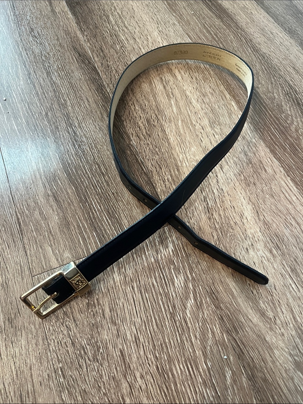 Vintage Anne Klein for Oroton Slim Black Leather Belt with Gold Buckle